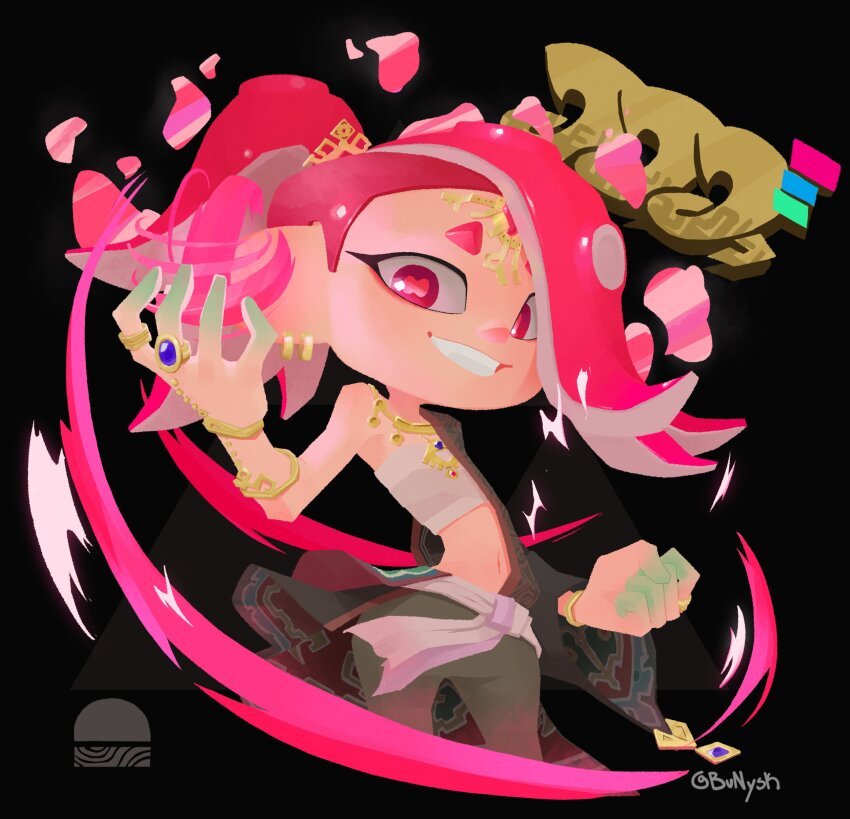 1girl absurdres alternate_costume black_background bunnysk chest_sarashi cosplay cowboy_shot ganondorf_(cosplay) grin highres jewelry looking_at_viewer navel nintendo octoling pink_eyes pink_hair ring sarashi shiver_(splatoon) smile solo splatoon_(series) splatoon_3 tentacle_hair the_legend_of_zelda the_legend_of_zelda:_tears_of_the_kingdom