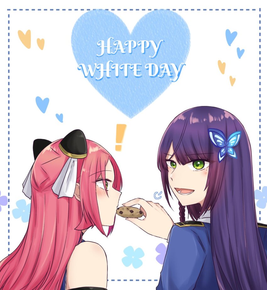 ! 2girls arm_at_side assault_lily bare_shoulders black_choker blue_jacket blue_shirt blush braid butterfly_hair_ornament chocolate_chip_cookie choker closed_mouth commentary cookie dotted_line epaulettes feeding flower_symbol food from_behind funada_kiito hair_ornament hairpods hand_up heart highres holding holding_cookie holding_food inset_border jacket long_hair long_sleeves looking_at_another looking_to_the_side lower_teeth_only mole mole_under_eye multiple_girls nigari_(ngari_0115) odaiba_girls_high_school_uniform open_mouth outside_border profile puff_of_air purple_hair red_hair school_uniform shiba_tomoshibi shirt side_braid single_braid sleeveless sleeveless_shirt smile teeth upper_body white_day wide-eyed