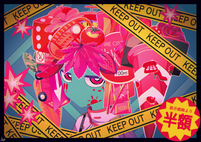 ! !! 1girl bird black_border border car carrot caution_tape cheap_properties_(utau) chili_pepper dice eighth_note flower heart highres jacket kasane_teto leaf looking_at_viewer motor_vehicle musical_note no_mouth phone police portrait red_eyes road_sign sato_(r017xts117) sign signature tomato toy_car traffic_cone utau