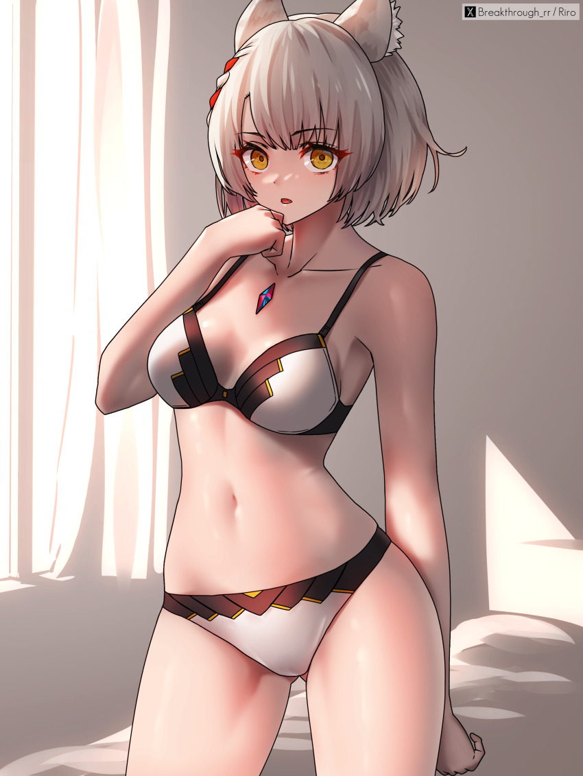 1girl absurdres animal_ear_fluff animal_ears artist_name bra breasts cat_ears cat_girl chest_jewel collarbone commentary cowboy_shot curtains grey_hair hand_on_own_chin highres indoors looking_at_viewer medium_breasts mio_(xenoblade) navel panties purple_eyes riro_(breakthrough_rr) short_hair solo stomach twitter_x_logo underwear underwear_only white_bra white_panties xenoblade_chronicles_(series) xenoblade_chronicles_3 yellow_eyes