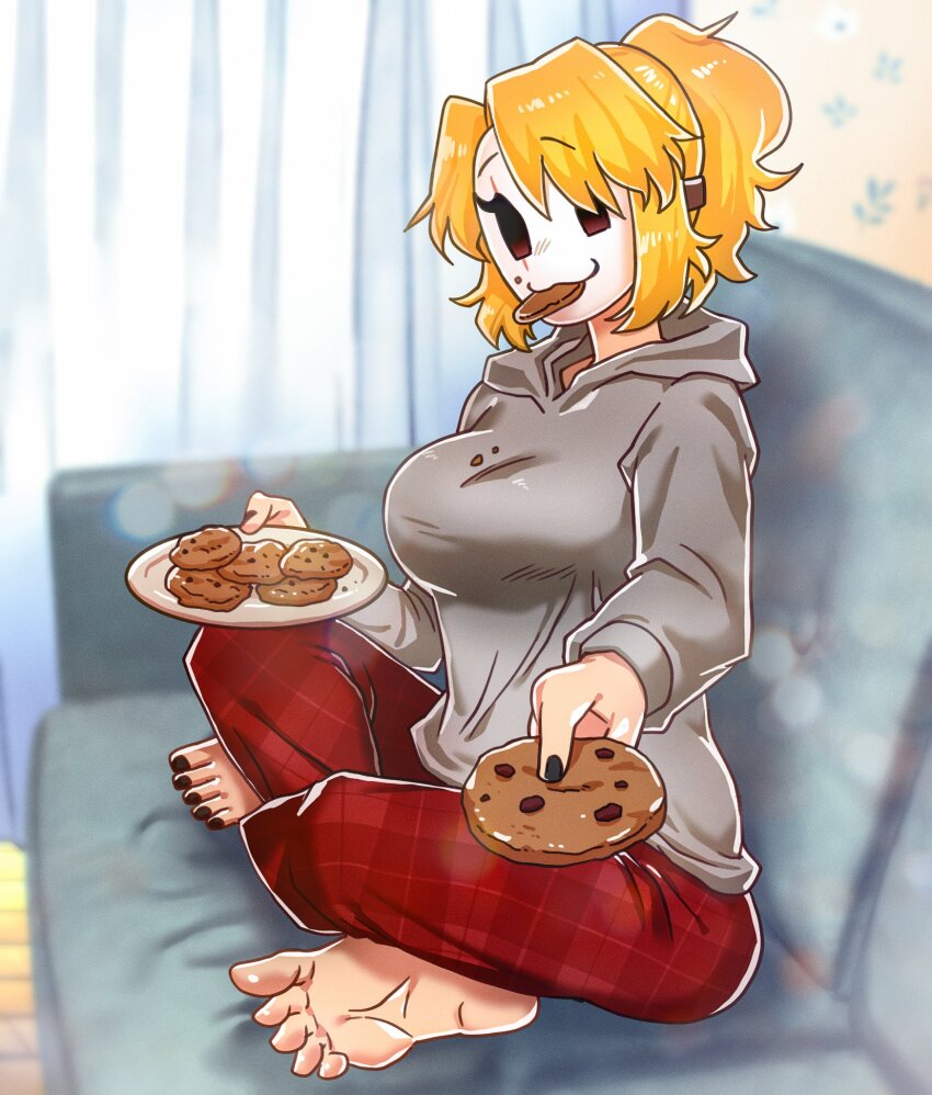 1girl :3 black_nails blonde_hair blurry borrowed_character breasts commentary commission cookie curtains dalsegno depth_of_field eating english_commentary feet food food_in_mouth food_on_face full_body hair_over_one_eye highres holding holding_food holding_plate hood hood_down hoodie indian_style indoors large_breasts locket_white_(bakalorin) long_sleeves mario_(series) nail_polish nintendo original pants plaid_clothes plaid_pants plate shy_gal sitting soles sunlight swept_bangs toenail_polish toenails toes white_mask