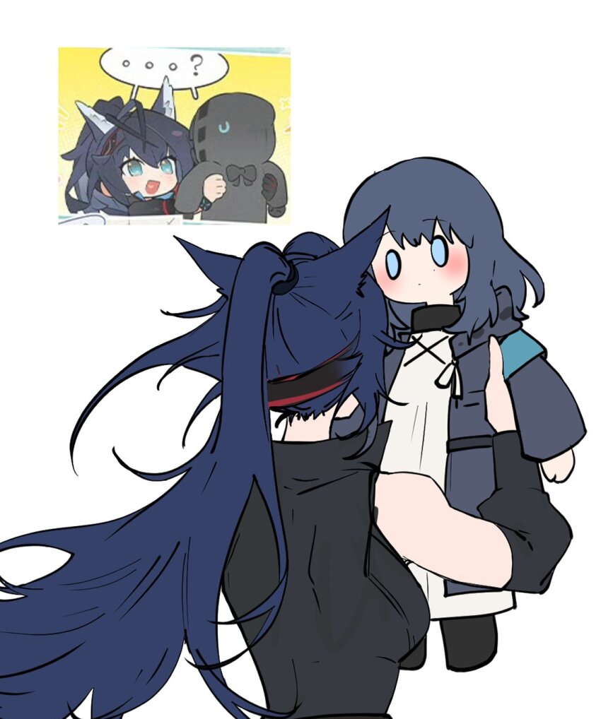 ...? 2girls animal_ear_fluff animal_ears arknights arya_melati bare_shoulders black_jacket black_pants blaze_(arknights) blonde_hair blue_eyes breasts cat_ears closed_mouth commentary doctor_(arknights) english_commentary highres jacket lifting_person long_hair medium_breasts multiple_girls open_clothes open_jacket pants ponytail reference_inset shirt simple_background sleeveless sleeveless_jacket very_long_hair white_background white_shirt