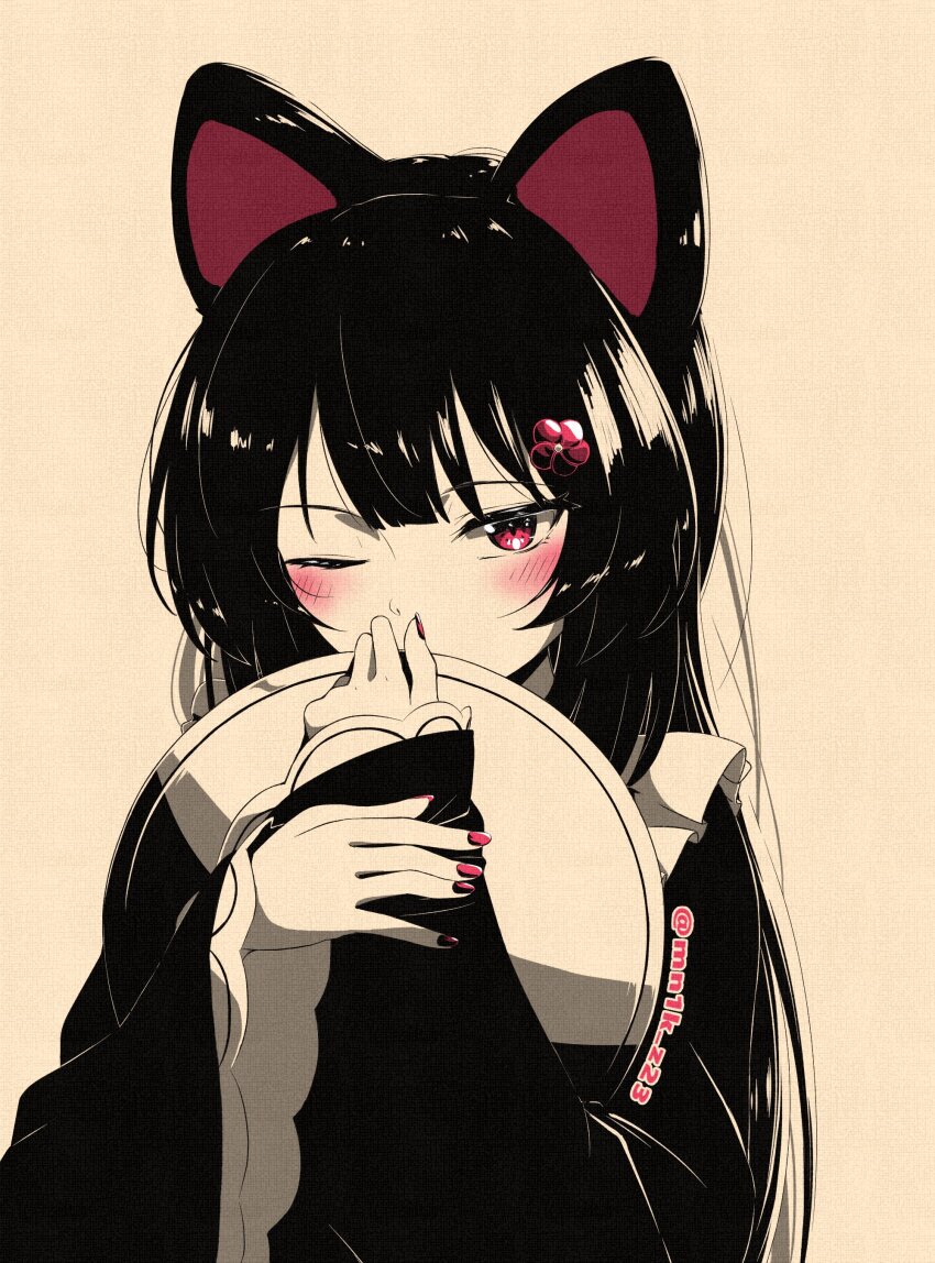 1girl absurdres animal_ears black_hair black_kimono blush canvas_texture commentary_request covering_own_mouth dog_ears flower frills hair_flower hair_ornament hand_on_own_wrist hands_up highres holding holding_tray inui_toko inui_toko_(1st_costume) japanese_clothes kimono limited_palette long_hair long_sleeves looking_at_viewer minase_kazuma nail_polish nijisanji one_eye_closed red_eyes red_nails solo tray twitter_username upper_body virtual_youtuber yellow_background