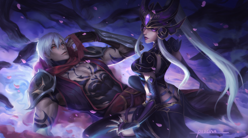 1boy 1girl absurdres armor artist_name black_gloves black_nails blue_background breasts closed_mouth elbow_gloves finger_to_mouth from_behind gem gloves glowing glowing_eyes grey_hair hair_between_eyes highres league_of_legends long_hair looking_at_viewer lying medium_breasts nail_polish no_headwear o-ring on_back petals pink_eyes piscina red_scarf scarf shoulder_armor sitting smile stomach_tattoo syndra tattoo zed_(league_of_legends)