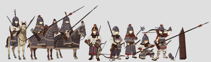 armor armored_dress arrow_(projectile) axe barding bow_(weapon) breastplate brown_horse cavalry chinese_armor chinese_empire crossbow dress explosive fangdan_runiu feathers full_armor grenade grey_background helmet highres holding holding_mace holding_polearm holding_sword holding_weapon jitome lamellar_armor mace military multiple_girls original plume polearm quiver saddle_blanket shield simple_background song_dynasty spiked_mace spikes stirrups_(riding) sword weapon white_horse
