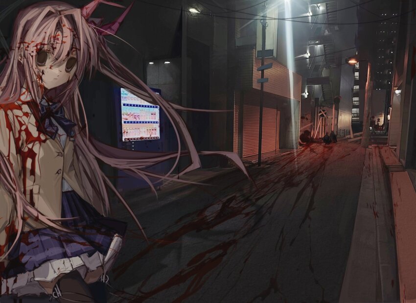 1girl black_thighhighs blazer blood blood_on_clothes blood_on_face blood_trail bow buttons chaos;head expressionless fire_escape garage hair_bow hair_intakes highres jacket night pink_bow pink_hair purasnt road road_sign sakihata_rimi sign skirt street thighhighs vending_machine yellow_jacket