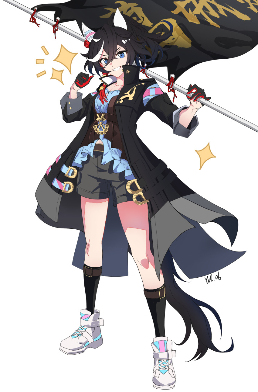 1girl :d absurdres ankle_boots black_coat black_gloves black_hair black_shorts black_socks black_tail blue_eyes blue_shirt boots breasts chinese_commentary cleavage clothing_cutout coat collarbone commentary_request crossed_bangs flag full_body gloves grin hair_between_eyes half_gloves haokun38464 highres holding holding_flag horse_girl horse_tail katsuragi_ace_(umamusume) kneehighs multicolored_hair navel navel_cutout notice_lines open_clothes open_coat open_mouth pointing pointing_at_self red_gloves shirt short_hair shorts simple_background smile socks solo sparkle standing streaked_hair tail umamusume white_background white_boots white_hair