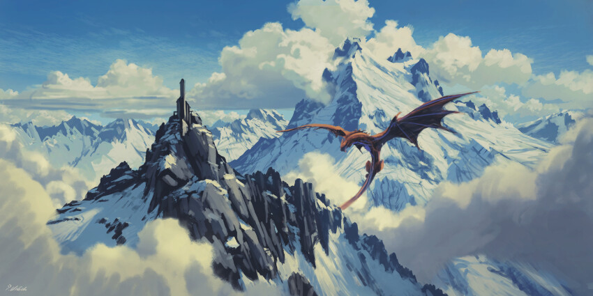 absurdres blue_sky cloud commentary day dragon english_commentary fantasy flying fog highres krita_(medium) landscape mountain mountain_focus mountainous_horizon mountaintop nature no_humans original outdoors philipp_urlich red_scales scenery signature sky snow sunlight western_dragon