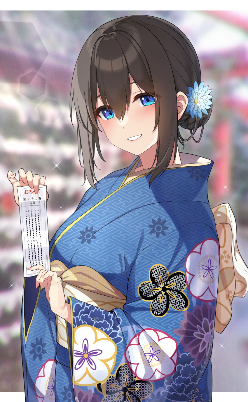 1girl :d absurdres alternate_hairstyle black_hair blue_eyes blue_flower blue_kimono blurry blurry_background blush floral_print flower furisode go-1 hair_between_eyes hair_bun hair_flower hair_ornament highres idolmaster idolmaster_cinderella_girls japanese_clothes kimono light_particles looking_at_viewer new_year omikuji open_mouth outdoors sagisawa_fumika sash shrine sidelocks single_hair_bun single_side_bun smile solo wide_sleeves yellow_sash