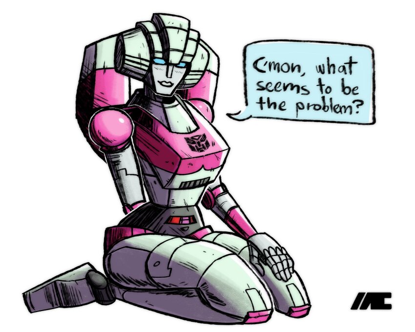 1girl arcee autobot blue_eyes helmet highres humanoid_robot insignia meguman_01 metal_skin robot robot_girl science_fiction solo speech_bubble transformers transformers:_generation_1 white_background