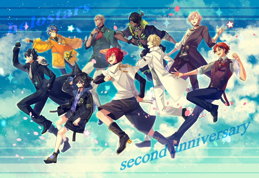 6+boys :d ^_^ absurdres adjusting_clothes adjusting_necktie animal animal_ears animal_hood animal_on_shoulder ankle_boots anniversary aqua_eyes aragami_oga arm_up arurandeisu astel_leda beard belt belt_pouch black_belt black_choker black_coat black_collar black_footwear black_gloves black_hair black_jacket black_pants black_shirt black_sweater black_undershirt black_vest blonde_hair blue_bodysuit blue_hair blue_sky bodysuit boots bracelet brown_pants brown_vest buttons capri_pants cat cat_hood chest_guard choker clenched_hand clenched_hands closed_eyes cloud coat collar collared_shirt copyright_name crossed_bangs dark-skinned_male dark_skin denim denim_shorts double-breasted earrings everyone eyepatch facial_hair flower from_side full_body fur-trimmed_boots fur-trimmed_coat fur_trim gem glasses gloves green_eyes green_gemstone green_jacket grey_cat grey_eyes grey_hair grey_shirt grin hair_between_eyes hair_flower hair_ornament hair_over_one_eye hair_slicked_back hairclip half_gloves hanasaki_miyabi handprint heterochromia high_heel_boots high_heels highres holostars hood hood_up horns jackal_boy jackal_ears jackal_tail jacket jewelry kageyama_shien kanade_izuru kishido_temma lace-up_boots layered_sleeves lightning_bolt lightning_bolt_hair_ornament lightning_bolt_symbol long_sleeves male_focus mole mole_under_eye multicolored_hair multiple_boys neck_ribbon necktie nekoyama_shien open_clothes open_coat open_hand open_jacket open_mouth open_shirt orange_eyes orange_hair outstretched_arm padded_jacket pants parted_bangs parted_lips partially_fingerless_gloves pectoral_cleavage pectorals pendant pink_hair pouch print_necktie profile puffy_long_sleeves puffy_sleeves purple_coat purple_eyes purple_shirt red_hair ribbon rikka_(holostars) running sharp_teeth shirt shoes short_hair short_over_long_sleeves short_shorts short_sleeves shorts silou_b single_earring single_horn single_sleeve sky sleeves_rolled_up smile spiked_collar spikes stole streaked_hair sweater tail teeth thigh_boots thigh_strap torn_clothes torn_shorts turtleneck turtleneck_sweater two-sided_fabric two-sided_jacket two-tone_hair vest virtual_youtuber watch waving wavy_hair white_footwear white_hair white_jacket white_necktie white_pants white_shirt white_sweater wristwatch yellow_eyes yellow_jacket yellow_ribbon yukoku_roberu
