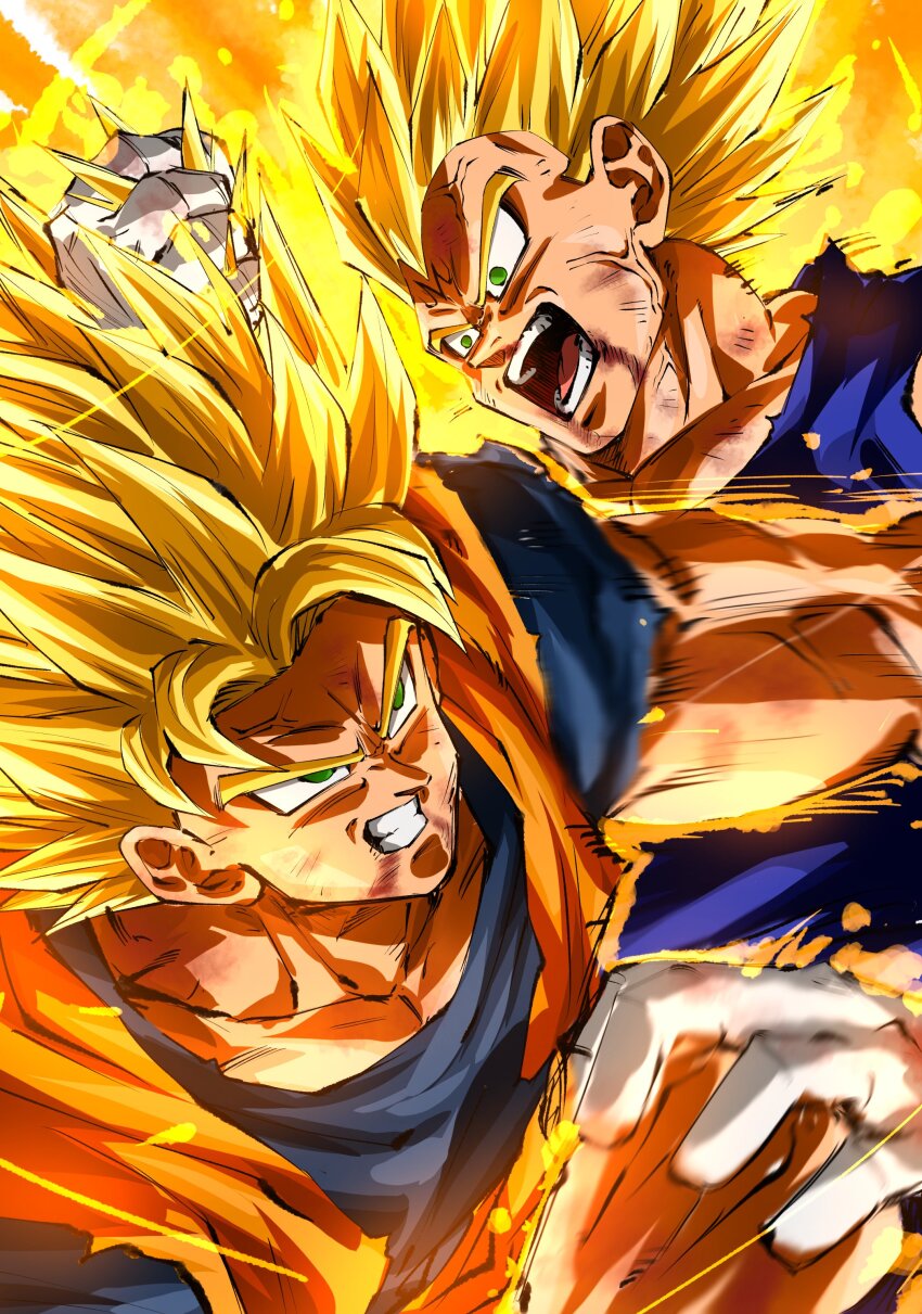 2boys absurdres anger_vein blocking clenched_teeth dougi dragon_ball dragonball_z gloves grabbing_another&#039;s_hair highres majin_vegeta multiple_boys muscular muscular_male open_mouth pectorals rz28kp son_goku super_saiyan super_saiyan_2 teeth torn torn_clothes vegeta veins white_gloves