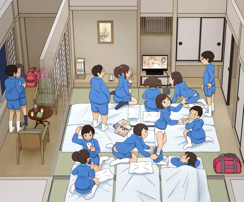 4boys 6+girls blue_jacket blue_shorts futon hetero indoors jacket kiss kiyo_(kyokyo1220) magazine_(object) multiple_boys multiple_girls original pornography prank pulling_another&#039;s_clothes shorts standing tatami television watching_television