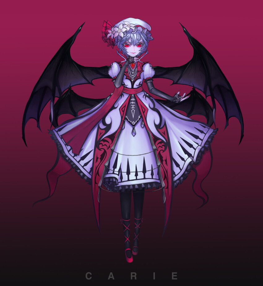 1girl absurdres bat_wings colored_eyelashes dress elbow_gloves estelle8js fingerless_gloves fingernails frills full_body gem gloves hat high_collar highres koumajou_densetsu leggings long_fingernails mob_cap puffy_sleeves red_background red_eyes red_gemstone red_ribbon red_shoes remilia_scarlet ribbon shoes short_hair short_sleeves simple_background slit_pupils solo touhou vampire white_dress white_eyelashes wings