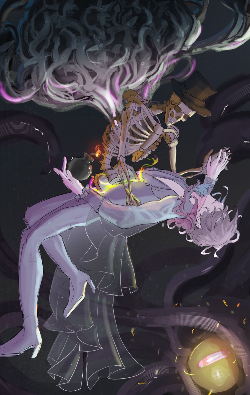 1boy absurdres blue_hair bomb boots commentary creature dark_background english_commentary explosive formal_clothes full_body gavis_bettel grey_hair hat high_heel_boots high_heels highres holding holding_bomb holding_hands holostars holostars_english jerry_(gavis_bettel) male_focus medium_hair miqoua monster multicolored_hair phantom_(gavis_bettel) pink_hair short_hair skeleton suit tentacles top_hat virtual_youtuber white_suit