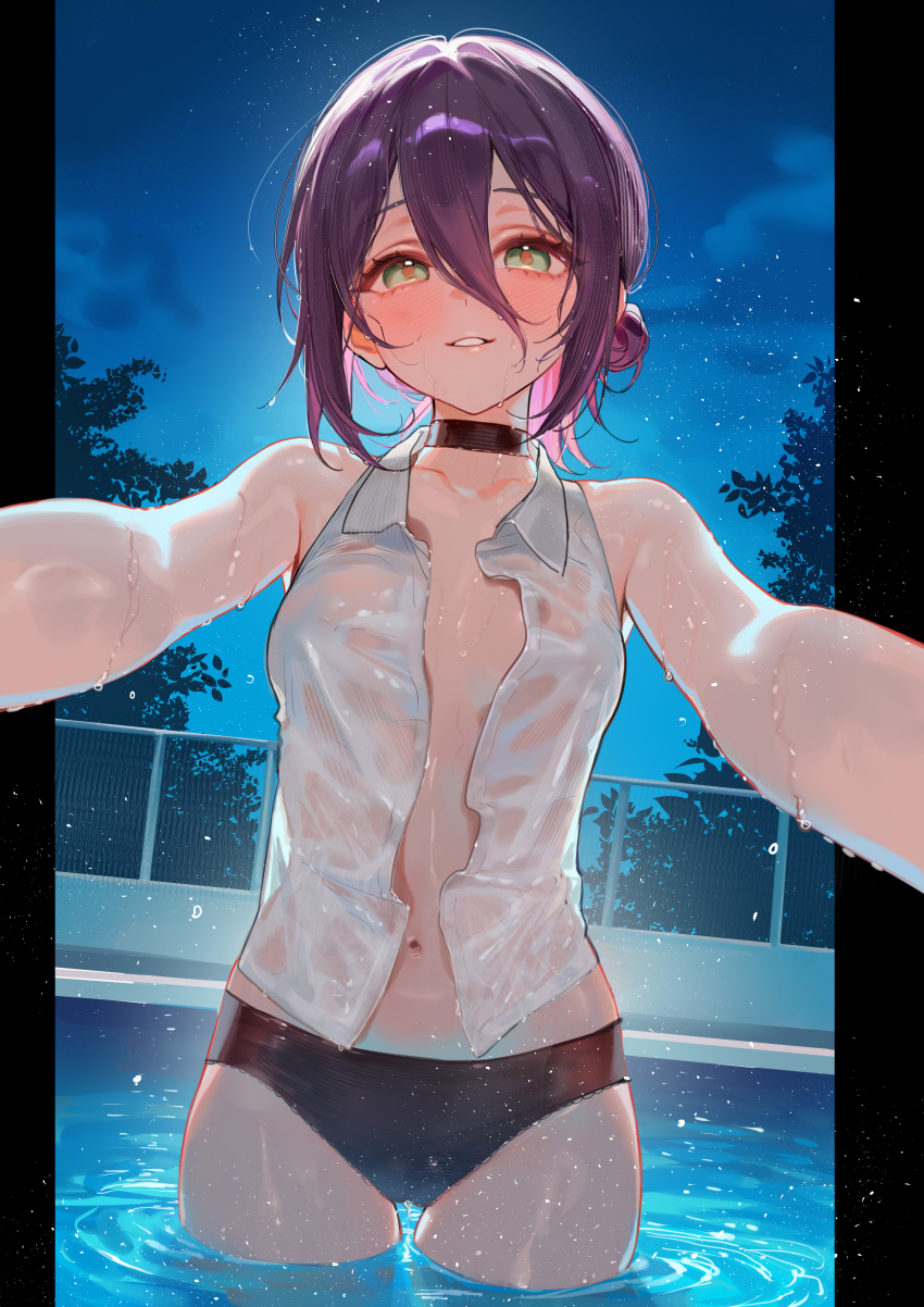 1girl absurdres black_choker black_panties blush breasts cameltoe chainsaw_man choker commentary green_eyes highres light_particles looking_at_viewer navel night night_sky open_clothes open_shirt outside_border panties parted_lips pillarboxed pool purple_hair reaching reaching_towards_viewer reze_(chainsaw_man) shirt sky small_breasts smile smilesmile1312 solo stomach underwear wading wet wet_clothes wet_shirt