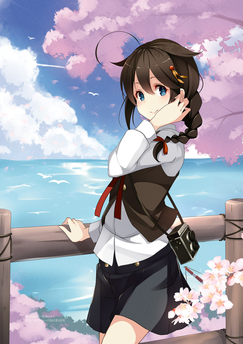 10s 1girl adjusting_hair ahoge alternate_costume bird black_skirt blue_eyes blush braid branch camera casual cherry_blossoms cloud cloudy_sky collared_shirt cowboy_shot day female_focus fence hair_flaps hair_ornament hair_ribbon highres kantai_collection kujou_ichiso landscape long_sleeves looking_at_viewer necktie ocean official_art red_necktie red_ribbon ribbon shigure_(kancolle) shigure_kai_ni_(kancolle) shirt short_hair single_braid skirt sky smile solo text_focus tree_shade twin-lens_reflex_camera