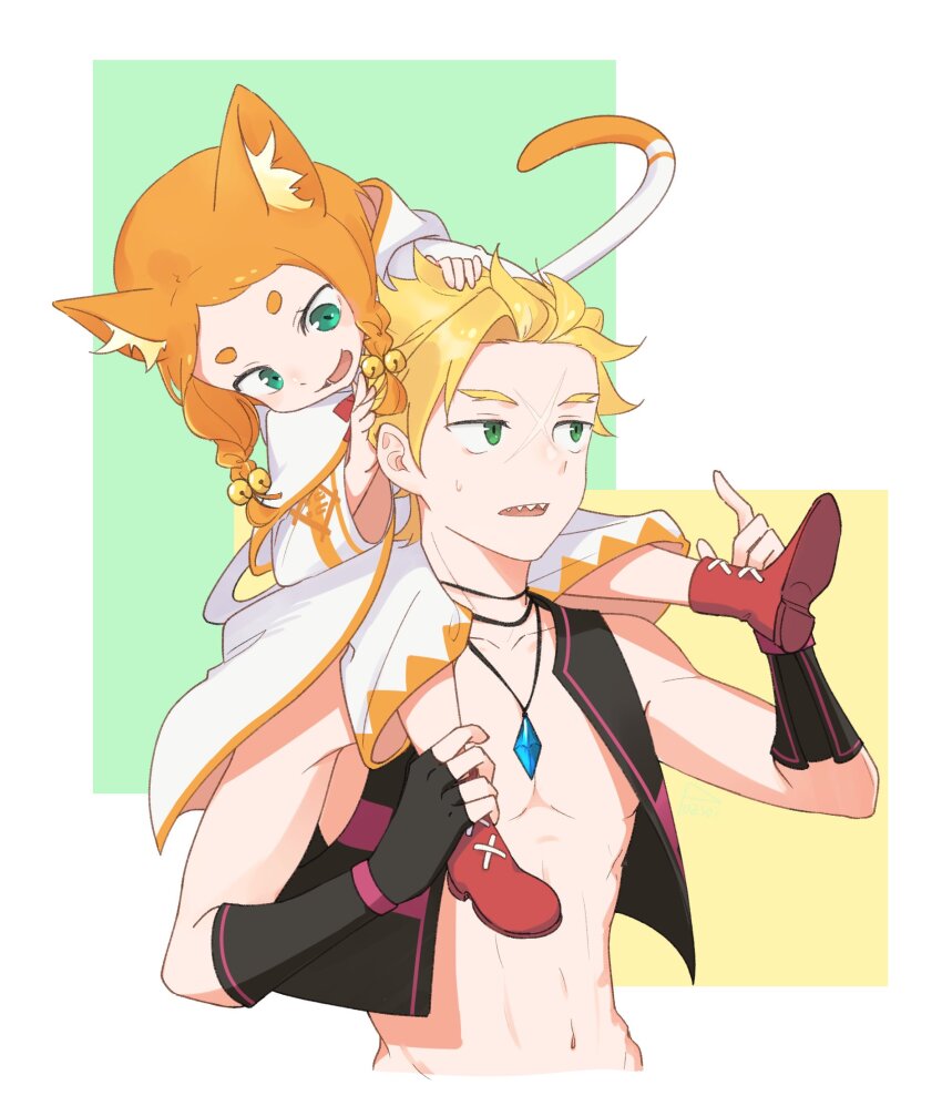 1boy 1girl animal_ears blonde_hair cat_ears cat_tail commentary_request cross_scar dress garfiel_tinsel green_eyes highres mimi_pearlbaton pazspi re:zero_kara_hajimeru_isekai_seikatsu red_hair scar scar_on_face sharp_teeth tail teeth white_dress
