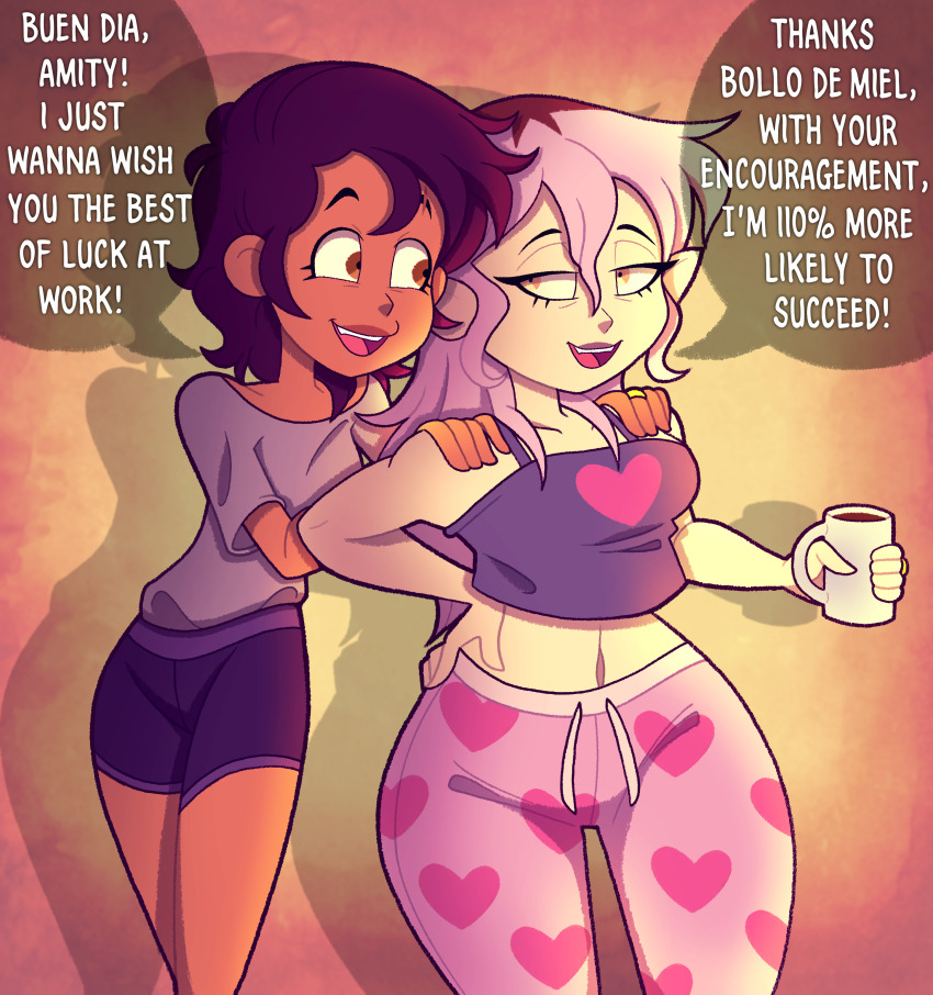 2girls absurdres amity_blight coffee couple english_text hands_on_another&#039;s_shoulders highres luz_noceda multiple_girls pajamas pants shorts speech_bubble tagme the_owl_house tonyneely toon_(style) yuri