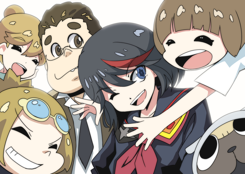 2boys 3girls black_hair bloom blue_eyes brown_hair dog father_and_daughter father_and_son fatherly guts_(kill_la_kill) hug husband_and_wife kamui_(kill_la_kill) kill_la_kill mankanshoku_barazou mankanshoku_mako mankanshoku_matarou mankanshoku_sukuyo matoi_ryuuko motherly multicolored_hair multiple_boys multiple_girls one_eye_closed pug rain_drop_(artist) senketsu siblings streaked_hair white_background