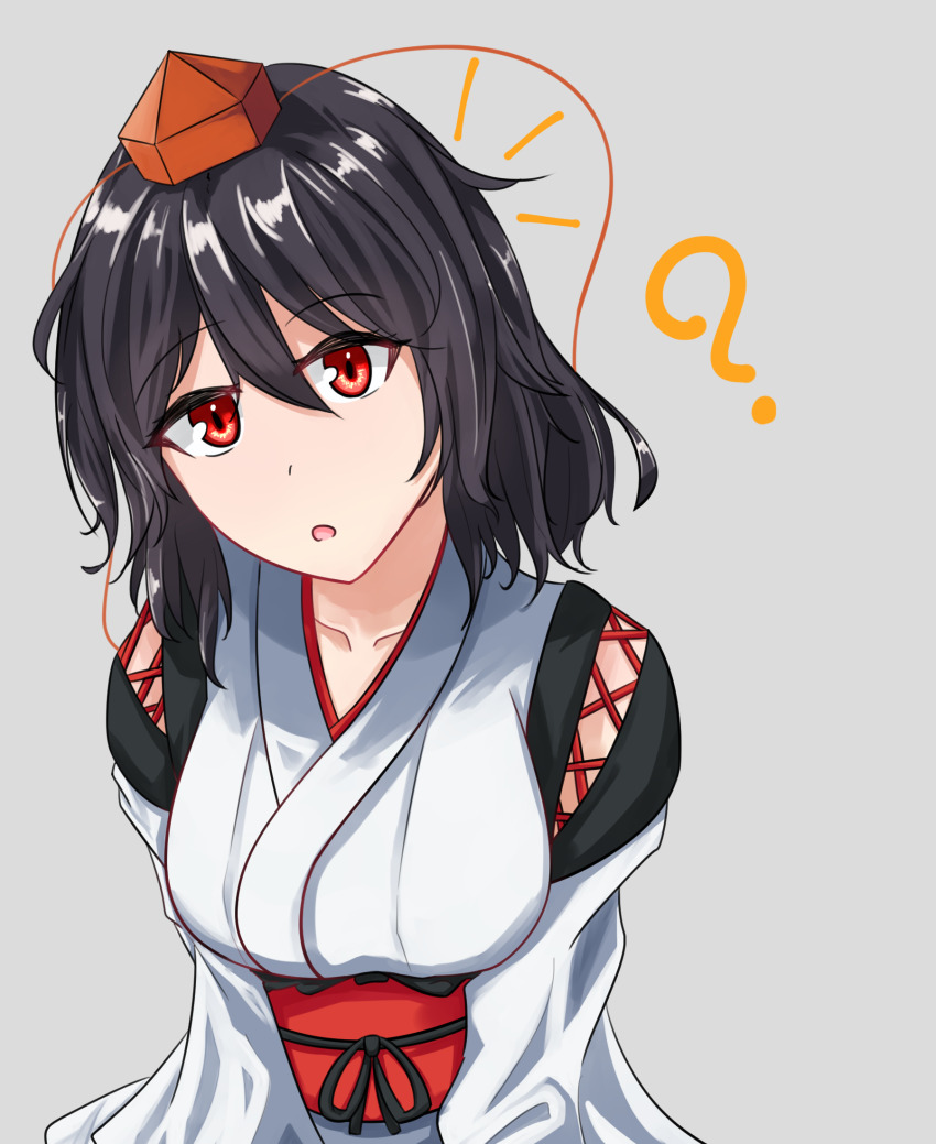 1girl ? black_hair black_ribbon bon_(bonvoya) breasts commentary_request grey_background hat highres japanese_clothes kourindou_tengu_costume large_breasts long_sleeves looking_at_viewer official_alternate_costume open_mouth red_eyes red_hat ribbon sash shameimaru_aya short_hair simple_background solo tengu tokin_hat touhou
