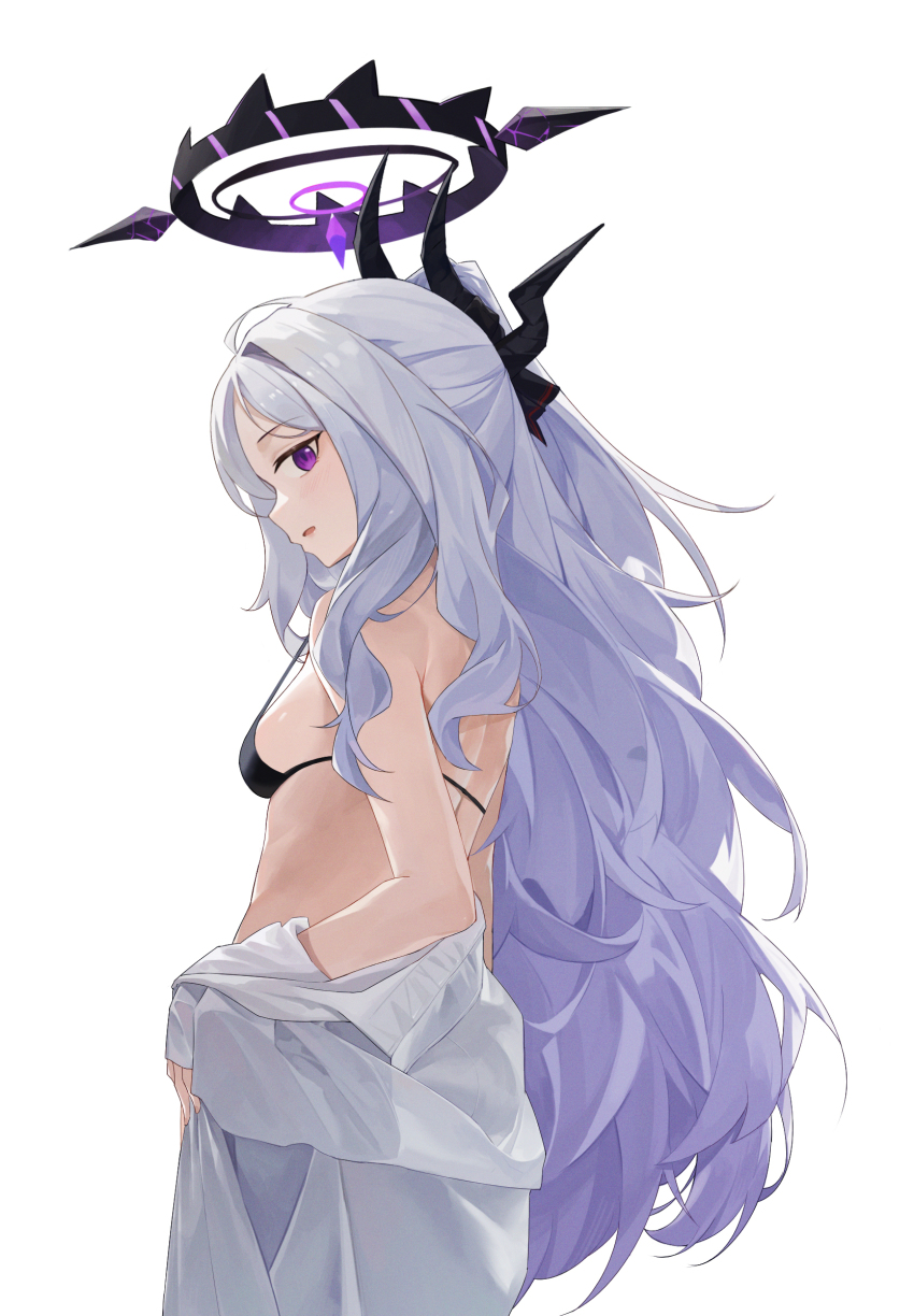 1girl absurdres ahoge black_bra black_halo blue_archive bra breasts demon_girl demon_horns demon_wings halo highres hina_(blue_archive) horns long_hair looking_at_viewer manjie open_mouth purple_eyes shirt small_breasts underwear white_hair white_shirt wings