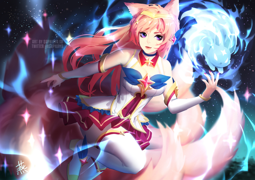 1girl ahri_(league_of_legends) alternate_costume alternate_hair_color animal_ears boots breasts cleavage fox_ears fox_tail league_of_legends long_hair magical_girl nail_polish purple_eyes saphirya skirt star_guardian_(league_of_legends) star_guardian_ahri tail thigh_boots thighhighs tiara