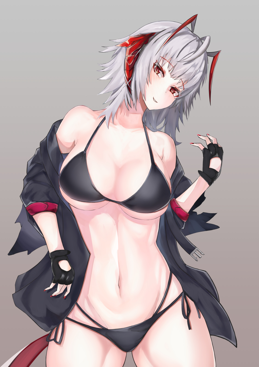 1girl absurdres ahoge antennae arknights bare_shoulders bikini black_bikini black_jacket breasts brown_eyes commentary_request cowboy_shot demon_girl fingerless_gloves gloves grey_background hand_up head_tilt highres horns jacket kisumun looking_at_viewer medium_breasts nail_polish navel off_shoulder open_clothes open_jacket partial_commentary red_nails short_hair side-tie_bikini_bottom silver_hair simple_background smile solo standing stomach swimsuit w_(arknights)