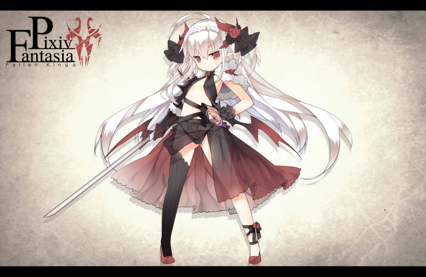 1girl asymmetrical_clothes bare_shoulders blush center_opening demon_girl female_focus flat_chest full_body gloves horns long_hair looking_at_viewer mofetousu_furuna navel original panties petite pixiv_fantasia pixiv_fantasia_fallen_kings pointy_ears red_eyes saru see-through_clothes silver_hair single_thighhigh solo sword thighhighs thong underwear weapon wings
