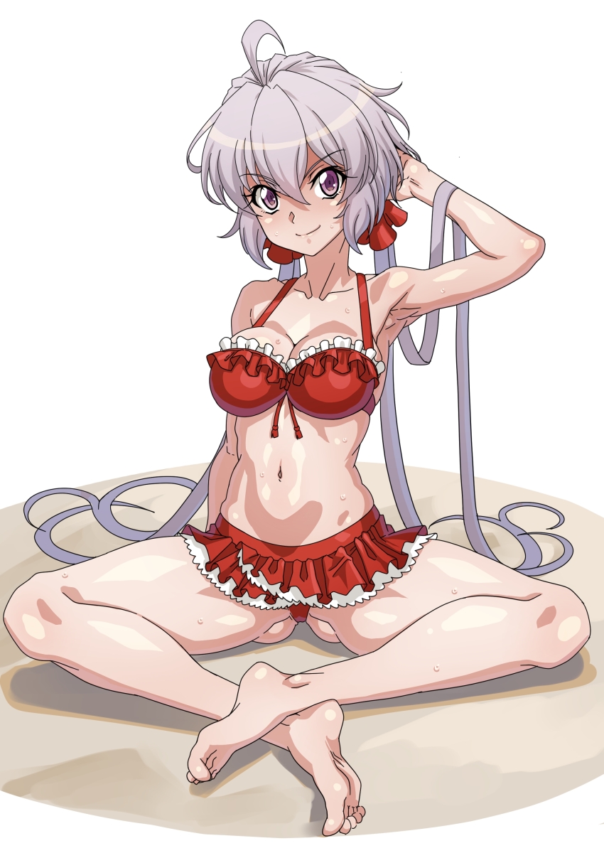 1girl absurdres ahoge arm_behind_head armpits bikini bikini_skirt blush breasts cleavage closed_mouth collarbone frilled_bikini frills highres large_breasts long_hair looking_at_viewer navel on_floor purple_eyes red_bikini senki_zesshou_symphogear simple_background sitting smile solo sweat swimsuit syunzou white_background white_hair yukine_chris