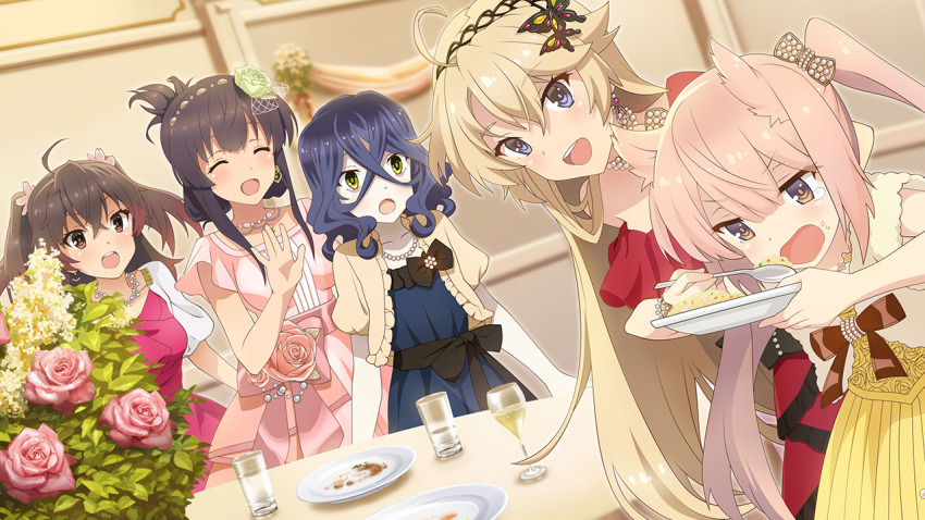 5girls :d ahoge asakura_mihono bead_necklace beads black_bow blonde_hair blue_dress blue_eyes blush bow brown_hair brown_shirt closed_eyes closed_mouth collarbone crossed_bangs cup dress dress_flower drink earrings eating flower folded_ponytail food food_on_face game_cg hair_between_eyes hair_flower hair_ornament haji_keiko holding holding_plate holding_spoon indoors jewelry kohagura_ellen long_hair looking_at_another mashiko_kaoru medium_hair multiple_girls necklace non-web_source open_clothes open_mouth open_shirt pink_dress pink_hair plate purple_eyes red_dress shirt short_sleeves sidelocks smile spoon standing table toji_no_miko toji_no_miko:_kizamishi_issen_no_tomoshibi twintails two_side_up v-shaped_eyebrows white_shirt yanase_mai yellow_dress yellow_eyes