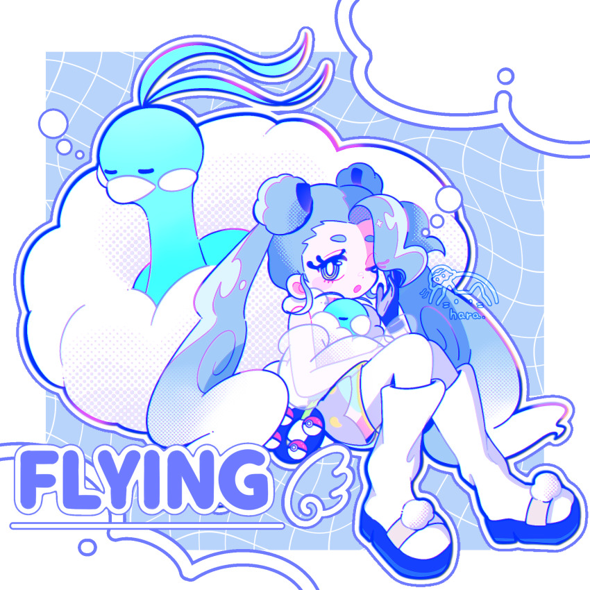 1girl 8ra_jelly altaria bird blue_eyes blue_hair boots closed_eyes cloud double_bun flying_miku_(project_voltage) gen_3_pokemon gloves grid_background hair_bun hatsune_miku highres knee_boots long_hair looking_at_viewer nintendo pantyhose poke_ball pokemon pokemon_(creature) project_voltage see-through_clothes see-through_sleeves shorts sleeping solo swablu twintails very_long_hair vocaloid white_boots white_pantyhose white_shorts