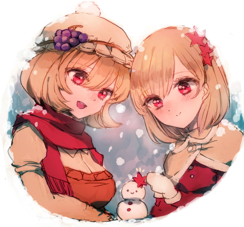 2girls aki_minoriko aki_shizuha apron bad_id bad_tumblr_id blonde_hair border breath bura cold food fruit fruit_hat_ornament grape_hat_ornament grapes hair_ornament hat leaf leaf_hair_ornament leaf_on_head light_blush maple_leaf medium_hair mini_snowman mittens multiple_girls orange_apron red_eyes red_scarf red_shirt scarf shawl shirt siblings sisters smile snow snowing snowman touhou white_border white_hat white_shawl winter winter_clothes