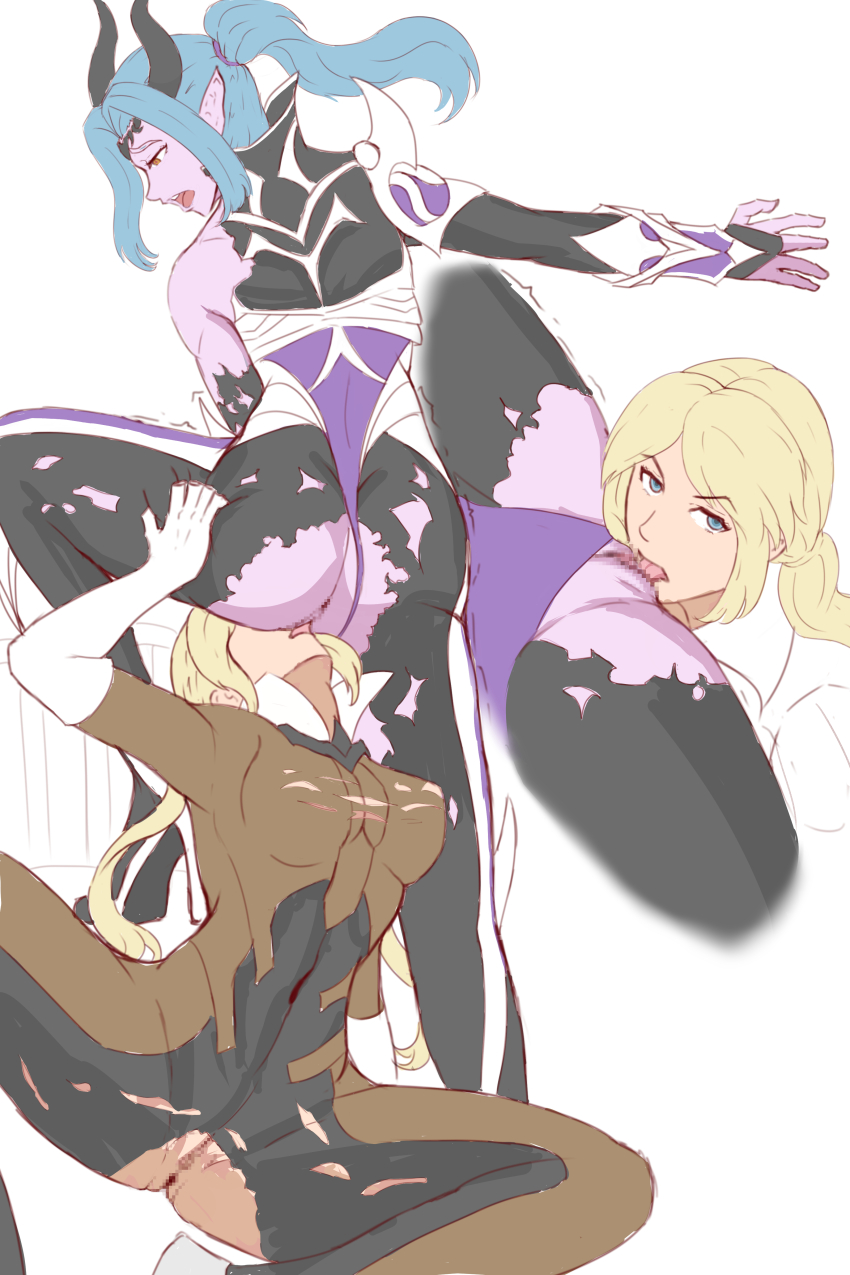 2girls absurdres blonde_hair blue_eyes blue_hair bodysuit breasts brown_bodysuit character_request colored_skin highres horns mothlight multiple_girls pointy_ears purple_skin pussy pussy_juice tongue tongue_out torn_clothes white_background yuri
