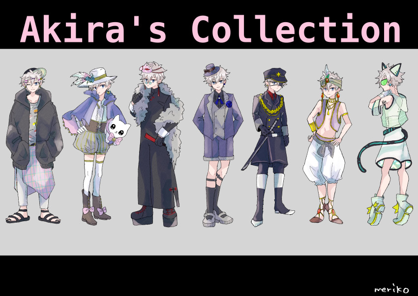 107_(kyuu_meriko) 1boy absurdres animal_ears ankle_socks armlet baggy_pants bangle bare_pectorals baseball_cap bead_necklace beads belt black_belt black_boots black_border black_changpao black_coat black_gloves black_hat black_jacket black_nails black_necktie black_pants black_sandals black_skirt black_socks blazer blue-tinted_eyewear blue_eyes blue_flower blue_ribbon blue_rose blue_shirt boots border bow bracelet brooch brown_boots brown_bow brown_corset buttons cat_ears cat_mask cat_tail center_frills changpao check_copyright chinese_clothes cloak closed_mouth coat collarbone collared_cloak collared_coat collared_jacket collared_shirt colored_lapels commentary_request copyright_request corset detached_sleeves double-breasted dress_shirt earrings english_text eyepatch fake_animal_ears fake_tail flower flower_brooch footwear_bow frills fur_shawl glasses gloves goggles green-tinted_eyewear green_boots green_headband green_shorts grey_background grey_shawl grey_shoes grey_vest hair_between_eyes hair_ornament hairclip hand_on_hilt hand_on_own_hip hand_on_own_neck hands_in_pockets hat hat_bow hat_feather hat_flower headband high_collar high_heel_boots high_heels highres holding holding_stuffed_toy hood hood_down hooded_jacket hooded_shirt jacket jewelry katana knee_boots lapels leg_belt letterboxed long_sleeves male_focus mandarin_collar mary_janes mask mask_on_head medical_eyepatch messy_hair mini_hat mini_top_hat multicolored_boots nail_polish navel neck_ribbon necklace necktie nikki_(series) notched_lapels one_eye_closed open_clothes open_jacket original pants parallel_hairclips peaked_cap pectorals pink_bow pink_mask platform_boots prayer_beads print_shirt puffy_shorts purple_cloak purple_hat purple_jacket purple_shorts purple_vest red_shirt ribbon rose round_eyewear sandals see-through_clothes see-through_shirt shawl sheath sheathed shining_nikki shirt shoes short_hair shorts sideways_hat signature skirt sleeve_cuffs sleeveless sleeveless_shirt smile socks sphere_earrings standing stomach striped_clothes striped_shorts stuffed_animal stuffed_cat stuffed_toy sword tail thighhighs tinted_eyewear tiptoes toenail_polish toenails toes top_hat two-tone_boots variations vertical-striped_clothes vertical-striped_shorts vest weapon white_boots white_gloves white_hair white_hat white_pants white_shirt white_shoes white_thighhighs x_hair_ornament