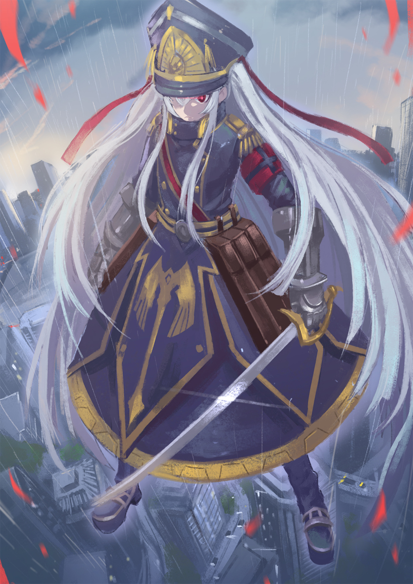 1girl altair_(re:creators) armband belt belt_bag bib black_armband black_coat black_footwear brown_bag building buttons car city closed_mouth cloud cloudy_sky coat coat_dress commentary dress epaulettes eye_trail flat_chest floating gauntlets gold_trim grey_hair hair_between_eyes hair_ribbon hat high_collar high_heels highres holding holding_sword holding_weapon light_trail long_bangs long_dress long_hair long_sleeves looking_at_viewer memekun midair military_hat military_uniform motor_vehicle outdoors petals rain re:creators red_armband red_eyes red_ribbon ribbon road shako_cap sidelocks sky solo sword twintails two-tone_armband very_long_hair weapon