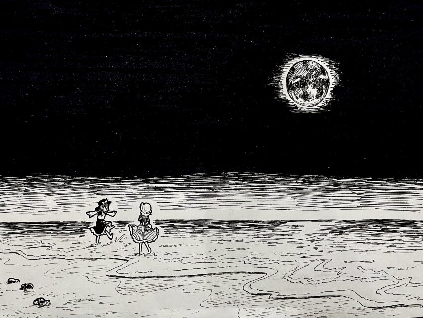 2girls barefoot beach bow capelet dress earth_(planet) greyscale hat hat_bow highres maribel_hearn mob_cap monochrome multiple_girls ocean planet shoes skirt space star_(sky) suteruko touhou traditional_media unworn_shoes usami_renko water