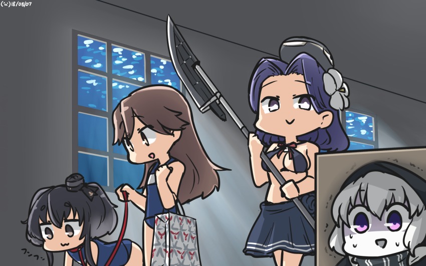 4girls abyssal_ship alternate_costume animal_collar arashio_(kancolle) black_hair box brown_eyes brown_hair collar commentary_request glaive_(polearm) glowing glowing_eyes gradient_hair halo hamu_koutarou headgear highres indoors kantai_collection kunihiko_moriguchi long_hair mechanical_halo mitsukoshi_(department_store) multicolored_hair multiple_girls open_mouth polearm purple_eyes purple_hair re-class_battleship school_swimsuit short_hair short_hair_with_long_locks sidelocks silver_hair smirk snake_box_sneak swimsuit tatsuta_(kancolle) tokitsukaze_(kancolle) trembling weapon