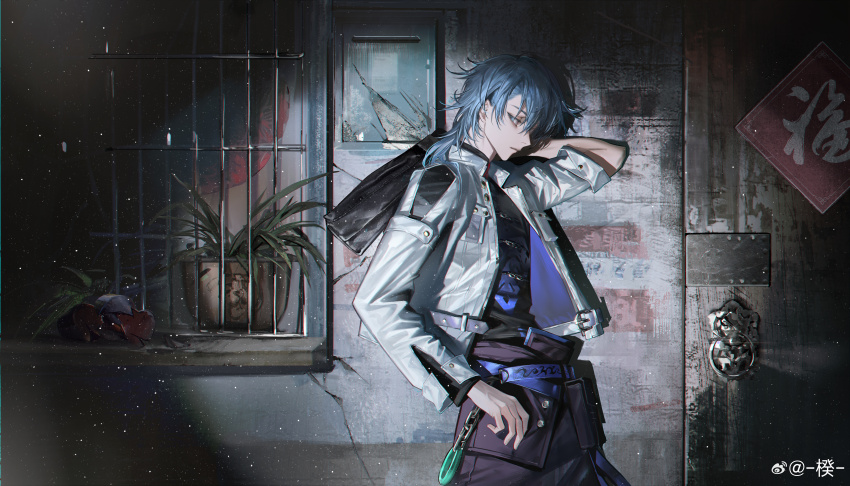 1boy absurdres arm_up artist_name belt belt_chain black_pants black_shirt blue_belt blue_hair broken chain chinese_clothes chromatic_aberration cowboy_shot crack cracked_wall dao_fu door good_fortune_symbol guilongchao high_collar highres jacket light_particles long_hair long_sleeves looking_at_viewer looking_to_the_side male_focus official_art open_clothes open_jacket pants plant potted_plant shirt solo tangzhuang watermark weibo_watermark white_jacket yanyu_(guilongchao) ymy_kui