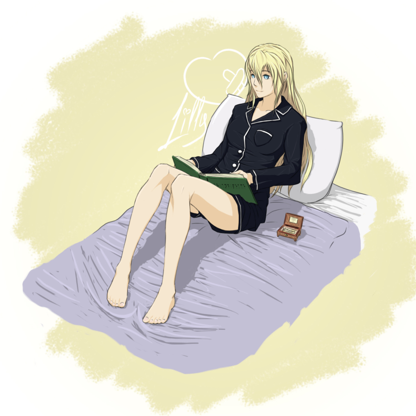 10s 1girl bare_legs barefoot bed blind blonde_hair blue_eyes book braille drawfag feet female_focus hair_down highres katawa_shoujo long_hair music_box on_bed open_book pajamas pillow reading satou_lilly shorts sitting solo