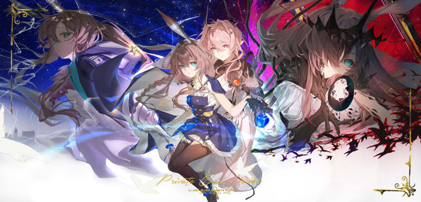 4girls ambience_synesthesia amiya_(arknights) amiya_(demon_king)_(arknights) amiya_(medic)_(arknights) amiya_(medic)_(solo_around_the_world)_(arknights) animal_ear_fluff animal_ears apple arknights ascot black_ascot black_dress black_gloves black_horns black_jacket black_pantyhose blue_apple blue_eyes braid brown_hair civilight_eterna closed_mouth crystal_apple demon_horns dress food frilled_ascot frilled_dress frills fruit gloves hair_between_eyes hair_intakes hair_over_one_eye highres holding holding_food holding_fruit horns jacket jewelry kato_(kato) long_hair long_sleeves looking_at_viewer multiple_girls multiple_persona no_headwear official_alternate_costume pantyhose pink_eyes pink_hair pointy_ears rabbit_ears rabbit_girl ring single_glove star_(symbol) theresa_(arknights) white_dress wide_shot