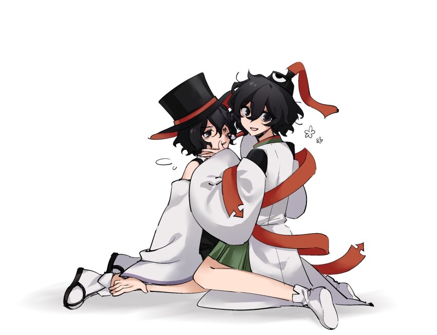 2others androgynous bare_legs bare_shoulders black_eyes black_footwear black_hair black_headwear black_shirt black_vest bodypaint calligraphy_brush collar collared_shirt collared_socks commentary detached_sleeves enraku_tsubakura eye_of_senri flower flying_sweatdrops full_body green_collar green_hakama green_skirt hair_between_eyes hakama hakama_short_skirt hakama_skirt hashtag-only_commentary hat hat_ribbon highres holding holding_calligraphy_brush holding_paintbrush ink japanese_clothes kariginu kneeling layered_sleeves len&#039;en long_sleeves looking_at_viewer multiple_others ofuda ofuda_on_clothes open_mouth other_focus paintbrush parted_lips red_headwear red_ribbon ribbon sandals senri_tsurubami shadow shirt short_hair simple_background skirt sleeveless sleeveless_shirt smile socks tabi tate_eboshi top_hat two-sided_fabric two-sided_headwear vest white_background white_shirt white_sleeves white_socks wide_sleeves xiao_ganju_nailuo zouri