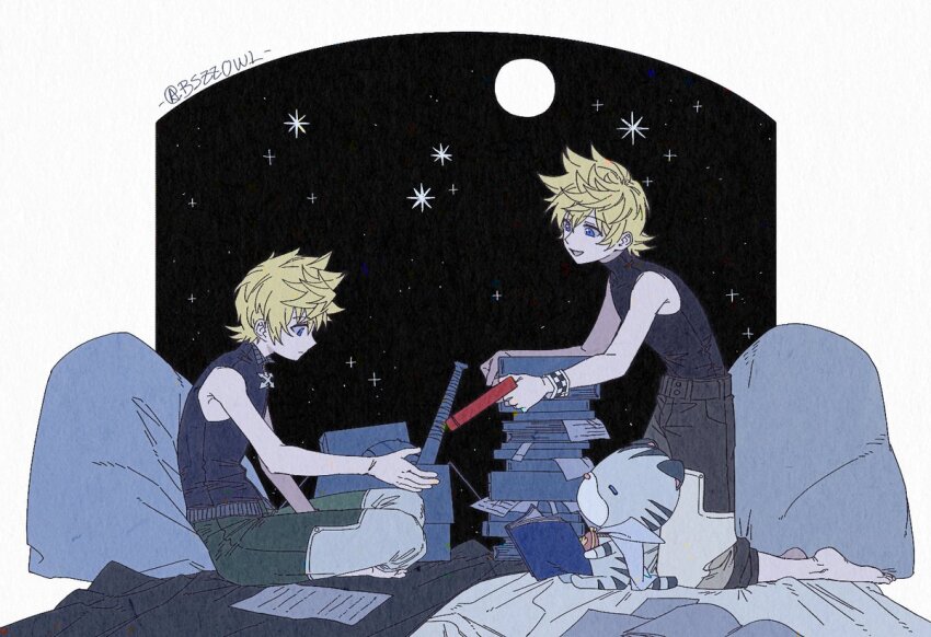 2boys baseball_bat black_vest blanket blonde_hair blue_cape blue_eyes book box cape checkered_clothes chinese_commentary chirithy commentary_request creature crossed_legs dream_eater_(kingdom_hearts) full_body full_moon hand_up holding holding_book keiichi_fujimaru_(bszzowl) kingdom_hearts kneeling leaning_forward looking_down male_focus moon multiple_boys night no_jacket open_book open_mouth paper pillow reading roxas short_hair sitting smile spiked_hair star_(sky) twitter_username ventus_(kingdom_hearts) vest wristband