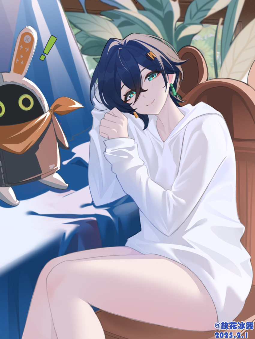 ! 1girl baggy_clothes bangboo_(zenless_zone_zero) belle_(zenless_zone_zero) blue_hair chair commentary_request crossed_bangs dated day earrings eyeliner green_eyes guhuabingwu hair_between_eyes hair_ornament highres holding hood hoodie indoors jewelry letter_hair_ornament looking_at_viewer makeup mismatched_earrings naked_hoodie on_chair plant red_eyeliner short_hair sitting smile twitter_username white_hoodie wooden_chair zenless_zone_zero