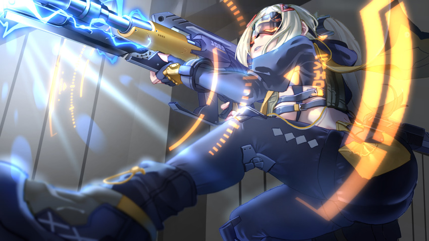 1girl ass black_gloves black_pants black_shoes blonde_hair breasts bulletproof_vest commentary_request crop_top eye_mask fingerless_gloves firing from_below gloves harukimatsui_25 highres holding holding_weapon large_breasts long_hair no_bra pants parted_lips shoes solo trigger_(zenless_zone_zero) underboob weapon zenless_zone_zero