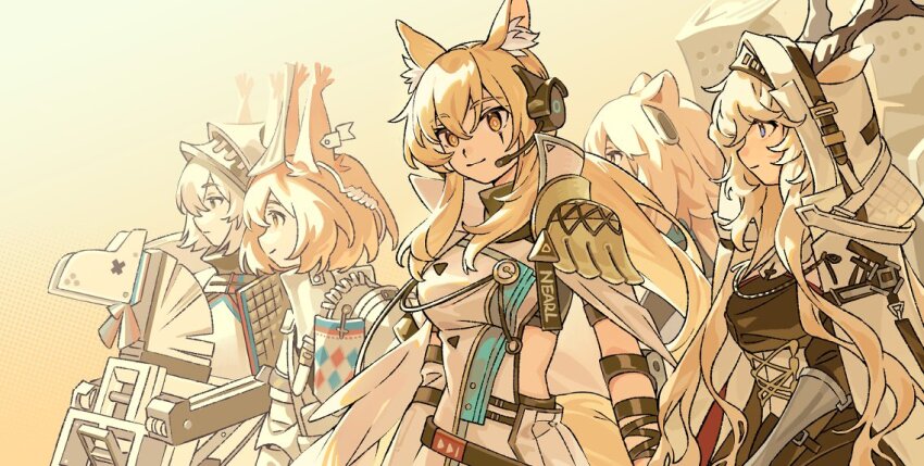 5girls animal_ear_fluff animal_ears arknights armor ashlock_(arknights) black_eyes blonde_hair blue_eyes brown_background cape cloak closed_mouth collared_cape commentary cowboy_shot dress english_commentary favilia flametail_(arknights) gradient_background gravel_(arknights) grey_hair headset hood hooded_cloak horns horns_through_headwear horse_ears horse_girl implied_extra_ears justice_knight_(arknights) long_hair looking_at_viewer multiple_girls nearl_(arknights) nearl_the_radiant_knight_(arknights) non-humanoid_robot official_alternate_costume orange_eyes pauldrons robot robot_animal shining_(arknights) short_hair shoulder_armor sidelighting single_pauldron smile squirrel_ears squirrel_girl visor_(armor) white_background white_cape white_dress