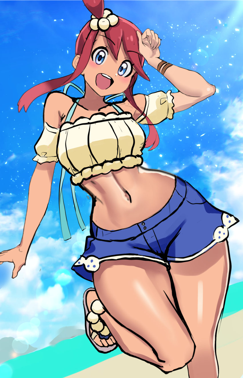1girl :d absurdres beach blue_eyes blue_shorts blue_sky crop_top highres leg_up navel nintendo official_alternate_costume open_mouth pokemon pokemon_masters_ex red_hair short_hair_with_long_locks short_shorts shorts sidelocks sky skyla_(pokemon) skyla_(summer_2025)_(pokemon) smile solo teeth upper_teeth_only yasu_suupatenin