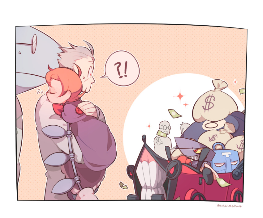 !? 1girl 4boys andy_anvil avian_(skullgirls) bow car carrying closed_eyes colored_sclera dollar_sign dress glasses grey_hair lenny_the_bomb money motor_vehicle multiple_boys nov old old_man orange_background peacock_(skullgirls) red_eyes short_hair skullgirls sleeping stanley_whitefin tommy_ten-tons yellow_sclera