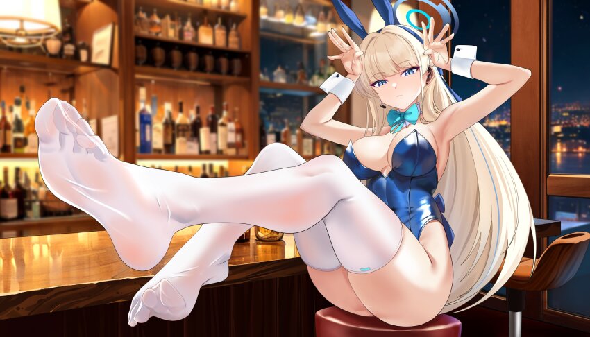 1girl absurdres bar_(place) blonde_hair blue_archive blue_eyes feet highres jinpaitugounan leotard long_hair looking_at_viewer playboy_bunny see-through_clothes see-through_legwear soles stool thighhighs toes toki_(blue_archive) toki_(bunny)_(blue_archive) white_thighhighs