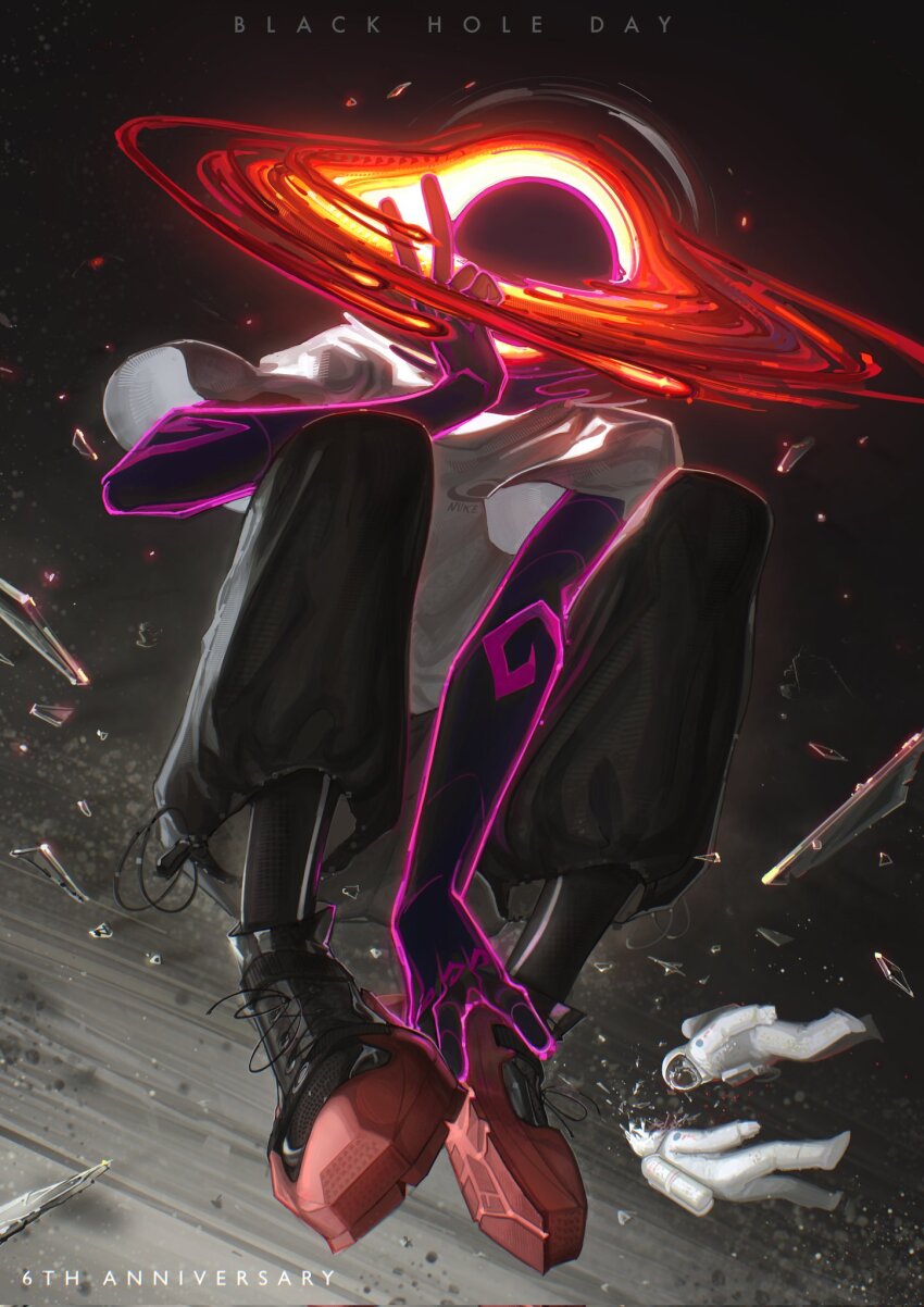 1boy astronaut black_hole black_hole_head black_pants dark_skin debris floating glass_shards helmet highres original pants shirt shoes sneakers space space_helmet spacesuit trou_noir v white_shirt
